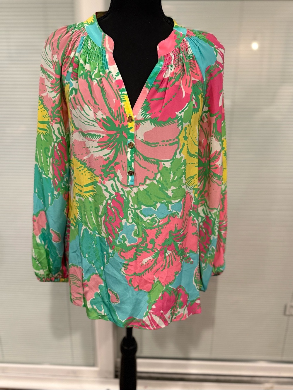 Lilly Pulitzer Pink Aqua Green Floral silk Blouse